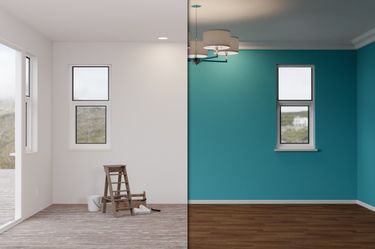 A before and after photo of a living room with painted walls.